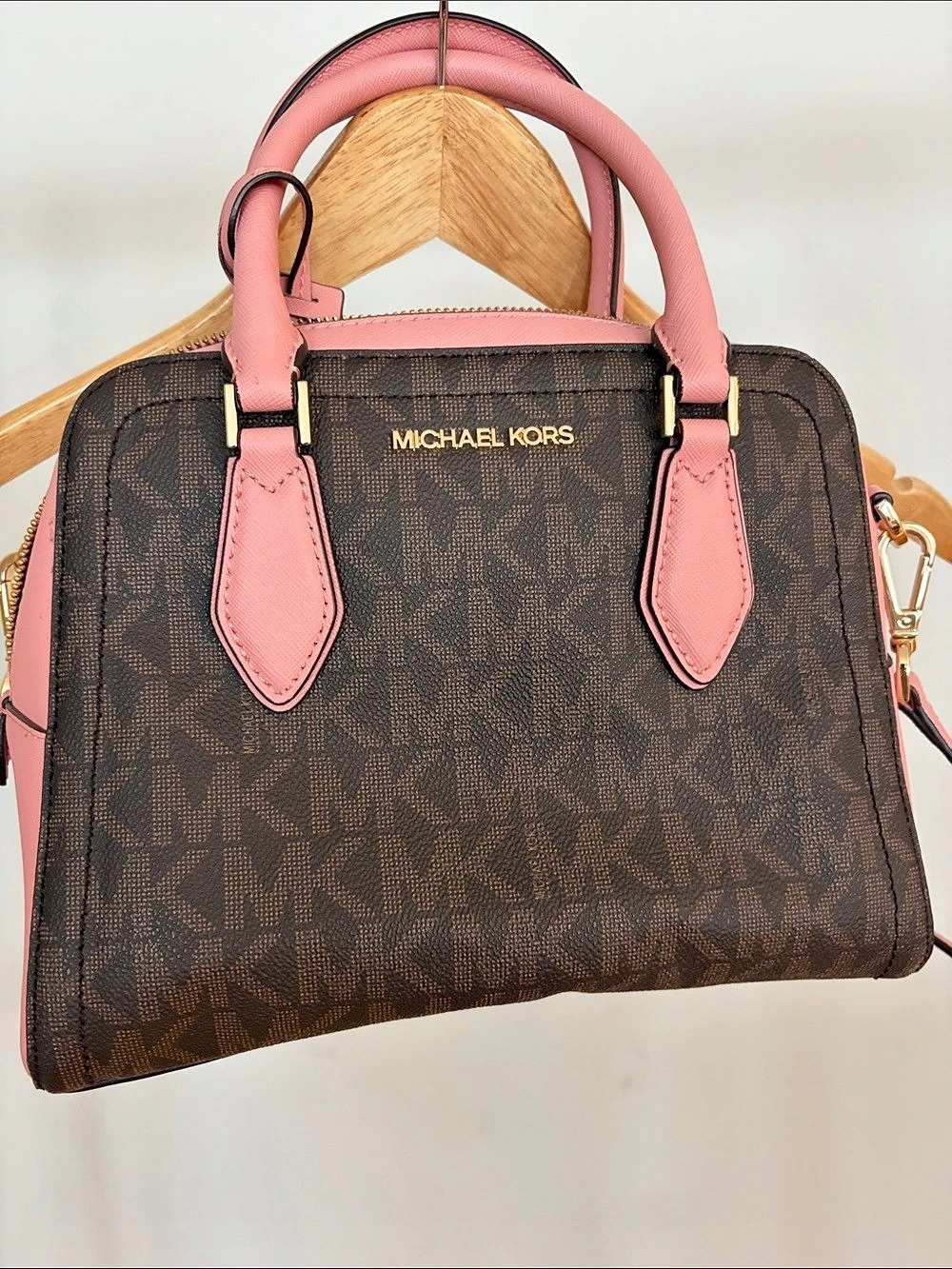 Michael Kors Ciara Medium Logo and Leather Satchel Brown & Pink